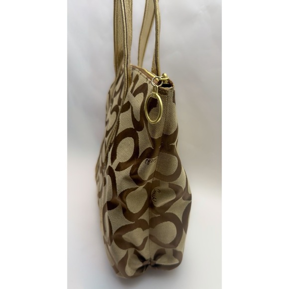 COACH Poppy Op Art Glam Gold Khaki Tote Bag Blue Teal Liner Signature C - Picture 5 of 12